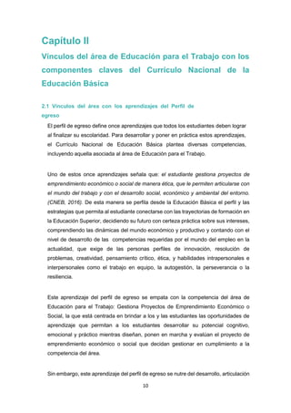 10
Capítulo II
Vínculos del área de Educación para el Trabajo con los
componentes claves del Currículo Nacional de la
Educación Básica
2.1 Vínculos del área con los aprendizajes del Perfil de
egreso
El perfil de egreso define once aprendizajes que todos los estudiantes deben lograr
al finalizar su escolaridad. Para desarrollar y poner en práctica estos aprendizajes,
el Currículo Nacional de Educación Básica plantea diversas competencias,
incluyendo aquella asociada al área de Educación para el Trabajo.
Uno de estos once aprendizajes señala que: el estudiante gestiona proyectos de
emprendimiento económico o social de manera ética, que le permiten articularse con
el mundo del trabajo y con el desarrollo social, económico y ambiental del entorno.
(CNEB, 2016). De esta manera se perfila desde la Educación Básica el perfil y las
estrategias que permita al estudiante conectarse con las trayectorias de formación en
la Educación Superior, decidiendo su futuro con certeza práctica sobre sus intereses,
comprendiendo las dinámicas del mundo económico y productivo y contando con el
nivel de desarrollo de las competencias requeridas por el mundo del empleo en la
actualidad, que exige de las personas perfiles de innovación, resolución de
problemas, creatividad, pensamiento crítico, ética, y habilidades intrapersonales e
interpersonales como el trabajo en equipo, la autogestión, la perseverancia o la
resiliencia.
Este aprendizaje del perfil de egreso se empata con la competencia del área de
Educación para el Trabajo: Gestiona Proyectos de Emprendimiento Económico o
Social, la que está centrada en brindar a los y las estudiantes las oportunidades de
aprendizaje que permitan a los estudiantes desarrollar su potencial cognitivo,
emocional y práctico mientras diseñan, ponen en marcha y evalúan el proyecto de
emprendimiento económico o social que decidan gestionar en cumplimiento a la
competencia del área.
Sin embargo, este aprendizaje del perfil de egreso se nutre del desarrollo, articulación
 