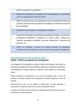 31
1 Definir la pregunta de investigación
2 Relacionar la pregunta de investigación con las competencias y capacidades
del CN y específicamente del área de EPT
3 Definir el producto final y los subproductos que los estudiantes tendrán que
presentar para responder la pregunta de investigación y demostrar el logro de
los aprendizajes
4 Determinar los instrumentos y estrategias de evaluación
5 Diseñar las actividades de aprendizaje organizadas en talleres que incluyen:
investigación bibliográfica, investigación en campo, visitas y trabajo con
expertos, actividades de reflexión y discusión, elaboración y evaluación del
producto, etc.
6 Definir los conceptos y técnicas que deberán aprender los estudiantes
mediante instrucción directa para poder resolver la pregunta de investigación
Profundicemos en cada uno de los pasos
PASO 1: Definir la pregunta de investigación
Una pregunta de investigación es clave el diseño del proyecto, estas guian el
proceso de investigación de los estudiantes y docentes y demandan la resolución
de problemas de manera rigurosa y auténtica, esto significa en situaciones
reales.
Diseñar preguntas de investigación es uno de los más grandes retos a la hora de
planificar un proyecto. Requiere de la elaboración de diversas preguntas a modo de
borrador.
Recuerda que el reto que nos plantea el método ABP, es estar dispuestos a
equivocarse, e intentar las cosas una y otra vez de diferentes maneras.
La práctica y el diálogo con otros maestros y especialistas son ejercicios que ayudan a
redactarlas de manera adecuada.
 