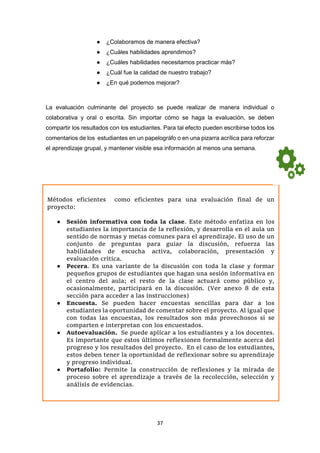 37
● ¿Colaboramos de manera efectiva?
● ¿Cuáles habilidades aprendimos?
● ¿Cuáles habilidades necesitamos practicar más?
● ¿Cuál fue la calidad de nuestro trabajo?
● ¿En qué podemos mejorar?
La evaluación culminante del proyecto se puede realizar de manera individual o
colaborativa y oral o escrita. Sin importar cómo se haga la evaluación, se deben
compartir los resultados con los estudiantes. Para tal efecto pueden escribirse todos los
comentarios de los estudiantes en un papelográfo o en una pizarra acrílica para reforzar
el aprendizaje grupal, y mantener visible esa información al menos una semana.
Métodos eficientes como eficientes para una evaluación final de un
proyecto:
● Sesión informativa con toda la clase. Este método enfatiza en los
estudiantes la importancia de la reflexión, y desarrolla en el aula un
sentido de normas y metas comunes para el aprendizaje. El uso de un
conjunto de preguntas para guiar la discusión, refuerza las
habilidades de escucha activa, colaboración, presentación y
evaluación crítica.
● Pecera. Es una variante de la discusión con toda la clase y formar
pequeños grupos de estudiantes que hagan una sesión informativa en
el centro del aula; el resto de la clase actuará como público y,
ocasionalmente, participará en la discusión. (Ver anexo 8 de esta
sección para acceder a las instrucciones)
● Encuesta. Se pueden hacer encuestas sencillas para dar a los
estudiantes la oportunidad de comentar sobre el proyecto. Al igual que
con todas las encuestas, los resultados son más provechosos si se
comparten e interpretan con los encuestados.
● Autoevaluación. Se puede aplicar a los estudiantes y a los docentes.
Es importante que estos últimos reflexionen formalmente acerca del
progreso y los resultados del proyecto. En el caso de los estudiantes,
estos deben tener la oportunidad de reflexionar sobre su aprendizaje
y progreso individual.
● Portafolio: Permite la construcción de reflexiones y la mirada de
proceso sobre el aprendizaje a través de la recolección, selección y
análisis de evidencias.
 