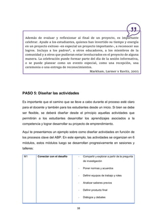 38
PASO 5: Diseñar las actividades
Es importante que el camino que se lleve a cabo durante el proceso esté claro
para el docente y también para los estudiantes desde un inicio. Si bien se debe
ser flexible, se deberá diseñar desde el principio aquellas actividades que
permitirán a los estudiantes desarrollar los aprendizajes asociados a la
competencia y lograr desarrollar su proyecto de emprendimiento.
Aquí te presentamos un ejemplo sobre como diseñar actividades en función de
los procesos clave del ABP. En este ejemplo, las actividades se organizan en 6
módulos, estos módulos luego se desarrollan progresivamente en sesiones y
talleres:
M1 Conectar con el desafío - Compartir y explorar a partir de la pregunta
de investigación
- Poner normas y acuerdos
- Definir equipos de trabajo y roles
- Analizar saberes previos
- Definir producto final
- Diálogos y debates
Además de evaluar y reflexionar al final de un proyecto, es importante
celebrar. Ayude a los estudiantes, quienes han invertido su tiempo y energía
en un proyecto exitoso -en especial un proyecto importante-, a reconocer sus
logros. Incluya a los padres*, a otros educadores, a los miembros de la
comunidad y a otros que pudieran estar involucrados en el proyecto de alguna
manera. La celebración puede formar parte del día de la sesión informativa,
o se puede planear como un evento especial, como una recepción, una
ceremonia o una entrega de reconocimientos.
Markham, Larmer y Ravitz, 2003
 