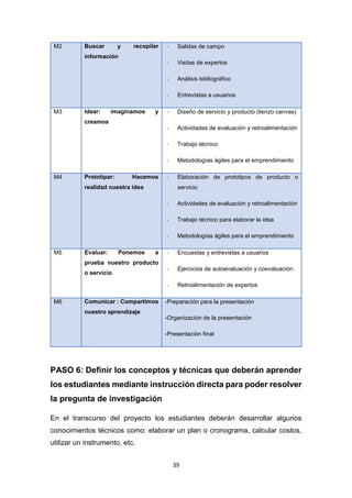 39
M2 Buscar y recopilar
información
- Salidas de campo
- Visitas de expertos
- Análisis bibliográfico
- Entrevistas a usuarios
M3 Idear: imaginamos y
creamos
- Diseño de servicio y producto (lienzo canvas)
- Actividades de evaluación y retroalimentación
- Trabajo técnico
- Metodologías ágiles para el emprendimiento
M4 Prototipar: Hacemos
realidad nuestra idea
- Elaboración de prototipos de producto o
servicio
- Actividades de evaluación y retroalimentación
- Trabajo técnico para elaborar la idea
- Metodologías ágiles para el emprendimiento
M5 Evaluar: Ponemos a
prueba nuestro producto
o servicio
- Encuestas y entrevistas a usuarios
- Ejercicios de autoevaluación y coevaluación
- Retroalimentación de expertos
M6 Comunicar : Compartimos
nuestro aprendizaje
-Preparación para la presentación
-Organización de la presentación
-Presentación final
PASO 6: Definir los conceptos y técnicas que deberán aprender
los estudiantes mediante instrucción directa para poder resolver
la pregunta de investigación
En el transcurso del proyecto los estudiantes deberán desarrollar algunos
conocimientos técnicos como: elaborar un plan o cronograma, calcular costos,
utilizar un instrumento, etc.
 
