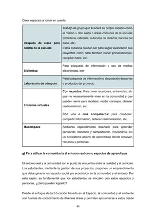 49
Otros espacios a tomar en cuenta:
g) Para utilizar la comunidad y el entorno real como espacios de aprendizaje
El entorno real y la comunidad son el punto de encuentro entre la realidad y el currículo.
Los estudiantes, mediante la gestión de sus proyectos, proponen un emprendimiento
que debe generar un impacto social y/o económico en la comunidad y el entorno. Por
esta razón, es fundamental que los estudiantes se vinculen con estos espacios y
personas, ¿cómo pueden lograrlo?
Desde el enfoque de la Educación basada en el Espacio, la comunidad y el ambiente
son fuentes de conocimiento de diversas áreas y permiten aproximarse a estos desde
Después de clase pero
dentro de la escuela
Trabajo de grupo que buscará su propio espacio como
el mismo u otro salón o áreas comunes de la escuela
(biblioteca, cafetería, cubículos de tenerlos, bancas del
patio, etc)
Estos espacios pueden ser para seguir avanzando sus
proyectos como para también hacer presentaciones,
recopilar datos, etc.
Biblioteca
Para búsqueda de información o uso de medios
electrónicos, leer
Laboratorio de cómputo
Para búsqueda de información o elaboración de partes
o productos del proyecto.
Entornos virtuales
Con expertos: Para tener reuniones, entrevistas, etc
que no necesariamente viven en la comunidad y que
pueden servir para modelar, recibir consejos, obtener
realimentación, etc.
Con uno o más compañeros: para colaborar,
compartir información, obtener realimentación, etc.
Makerspace Ambiente especialmente diseñado para aprender
pensando, haciendo y compartiendo, volviéndose así
un ecosistema abierto de aprendizaje donde conviven
recursos y personas.
 