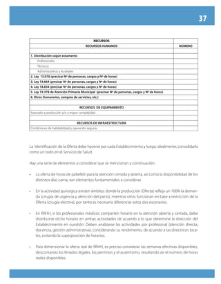 37
RECURSOS
RECURSOS HUMANOS NÚMERO
1. Distribución según estamento
Profesionales
Técnicos
Administrativos y Auxiliares
2. Ley 15.076 (precisar Nº de personas, cargos y Nº de horas)
3. Ley 19.664 (precisar Nº de personas, cargos y Nº de horas)
4. Ley 18.834 (precisar Nº de personas, cargos y Nº de horas)
5. Ley 19.378 de Atención Primaria Municipal (precisar Nº de personas, cargos y Nº de horas)
6. Otros (honorarios, compras de servicios, etc.)
RECURSOS DE EQUIPAMIENTO
Asociado a producción y/o a mayor complejidad
RECURSOS DE INFRAESTRUCTURA
Condiciones de habitabilidad y operación seguras
La Identificación de la Oferta debe hacerse por cada Establecimiento y luego, idealmente, consolidarla
como un todo en el Servicio de Salud.
Hay una serie de elementos a considerar que se mencionan a continuación:
•	 La oferta de horas de pabellón para la atención cerrada y abierta, así como la disponibilidad de los
distintos días cama, son elementos fundamentales a considerar.
•	 En la actividad quirúrgica existen ámbitos donde la producción (Oferta) refleja un 100% la deman-
da (cirugía de urgencia y atención del parto), mientras otros funcionan en base a restricción de la
Oferta (cirugía electiva), por tanto es necesario diferenciar estos dos escenarios.
•	 En RRHH, si los profesionales médicos comparten horario en la atención abierta y cerrada, debe
distribuirse dicho horario en ambas actividades de acuerdo a lo que determine la dirección del
Establecimiento en cuestión. Deben analizarse las actividades por profesional (atención directa,
docencia, gestión administrativa), considerando su rendimiento, de acuerdo a las directrices loca-
les, evitando la superposición de horarios.
•	 Para dimensionar la oferta real de RRHH, es preciso considerar las semanas efectivas disponibles,
descontando los feriados legales, los permisos y el ausentismo, resultando así el número de horas
reales disponibles.
 