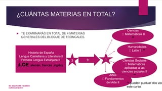 ¿CUÁNTAS MATERIAS EN TOTAL?
 TE EXAMINARÁS EN TOTAL DE 4 MATERIAS
GENERALES DEL BLOQUE DE TRONCALES.
Historia de España
Lengua Castellana y Literatura II
Primera Lengua Extranjera II
(LOE: alemán, francés ,inglés).
3 + 1
Ciencias
Matemáticas II
**
Humanidades
Latín II **
Ciencias Sociales
Matemáticas
aplicadas a las
ciencias sociales II
**Artes
Fundamentos
del Arte II ** pueden puntuar dos vec
este cursoIES SAAVEDRA FAJARDO
CURSO 2016/2017
 