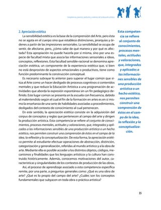 Competencias, procesos, productos y contextos de la educación artística




2. Apreciación estética                                                                                           Esta competen-
    La sensibilidad estética es la base de la comprensión del Arte, pero ésta                                       cia se refiere
no se agota en el cuerpo sino que establece distinciones, jerarquías y ór-                                         al conjunto de
denes a partir de las impresiones sensoriales. La sensibilidad se ocupa de                                        conocimientos,
sentir, de afectarse, pero, ¿cómo sabe de qué manera y por qué es afec-
                                                                                                                   procesos men-
tada? Esta apropiación no puede hacerla por sí misma, sino por una es-
                                                                                                                  tales, actitudes
pecie de facultad mixta que asocia las informaciones sensoriales a ideas,
conceptos, reflexiones. Esta facultad sensible-racional se denomina apre-                                         y valoraciones,
ciación estética, un componente de la experiencia estética que, si bien                                           que, integrados
no está desprovisto de aspectos emocionales o productivos, tiene como                                               y aplicados a
función predominante la construcción conceptual.                                                                  las informacio-
    Es necesario subrayar lo anterior para superar el lugar común que si-                                         nes sensibles de
túa al Arte como un hacer desligado de procesos cognitivos o contenidos                                           una producción
mentales y que reduce la Educación Artística a una programación de ac-
                                                                                                                    artística o un
tividades que aborda la expresión espontánea sin un fin pedagógico de-
                                                                                                                   hecho estético,
finido. Este lugar común se presenta en la escuela con frecuencia, debido
al malentendido según el cual el fin de la formación en artes es en sí mis-                                         nos permiten
mo la enseñanza de una serie de habilidades asociadas a procedimientos,                                             construir una
desligados del contexto de conocimiento al cual pertenecen.                                                       comprensión de
    En este sentido, la apreciación estética consiste en la adquisición del                                       éstos en el cam-
corpus de conceptos y reglas que pertenecen al campo del arte y dirigen                                             po de la idea,
la producción artística. Esta competencia se refiere al conjunto de conoci-                                       la reflexión y la
mientos, procesos mentales, actitudes y valoraciones, que, integrados y apli-
                                                                                                                   conceptualiza-
cados a las informaciones sensibles de una producción artística o un hecho
                                                                                                                         ción.
estético, nos permiten construir una comprensión de éstos en el campo de la
idea, la reflexión y la conceptualización. De esta forma, la apreciación estéti-
ca permite al estudiante efectuar operaciones de abstracción, distinción,
categorización y generalización, referidas al mundo artístico y a la obra de
arte. Mediante ella es posible acceder a los distintos objetos, códigos, me-
canismos y finalidades que los lenguajes artísticos y la cultura han cons-
truido históricamente. Además, conocemos motivaciones del autor, ca-
racterísticas y singularidades de los contextos de producción de las obras.
    Así, el proceso de aprendizaje asociado a esta competencia específica
remite, por una parte, a preguntas generales como: ¿Qué es una obra de
arte? ¿Qué es lo propio del campo del arte? ¿Cuáles son los conceptos
fundamentales que subyacen en toda obra o práctica artística?



                                                                                                                                 35
 