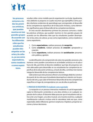 Orientaciones pedagógicas para la educación artística en Básica y Media




  los procesos      resultan útiles como modelo para la organización curricular. Igualmente,
 comunes a to-      más adelante se propone un cuadro resumen que ejemplifica cómo pue-
 das las prácti-    den diseñarse evidencias de aprendizaje que corresponden al desarrollo
                    de las competencias específicas de la Educación Artística, como elemen-
 cas artísticas,
                    tos significativos para el desarrollo de las competencias básicas.
  que pueden
                       En esta sección abordaremos primero los procesos comunes a todas
reunirse en tres    las prácticas artísticas, que pueden reunirse en tres grandes grupos de
grandes grupos      acuerdo con los diferentes roles que los estudiantes pueden desempe-
de acuerdo con      ñar en las artes y la cultura, ya sea como espectadores, como creadores o
 los diferentes     como expositores.
  roles que los
  estudiantes            1. Como espectadores, realizan procesos de recepción.
                         2. Como creadores, realizan procesos de creación: apropiación y
  pueden des-
                            creación.
empeñar en las
                         3. Como expositores, realizan procesos de socialización: presenta-
artes y la cultu-           ción pública y gestión.
ra, ya sea como
 espectadores,         La identificación y la comprensión de estos tres grandes procesos y las
como creadores      maneras como pueden concretarse en actividades artísticas en el aula o
o como exposi-      fuera de ella, permitirá al docente establecer qué tipo de proyectos son
      tores.        más adecuados para desarrollar en sus estudiantes las competencias es-
                    pecíficas de la educación artística y, a través de ellas, contribuir de manera
                    integral al desarrollo de las competencias básicas.
                       Cabe aclarar que estos procesos ofrecen una estrategia didáctica construi-
                    da a partir de los roles que el estudiante desempeña en relación con los pro-
                    ductos del arte, y que cada rol fomenta el desarrollo de las tres competencias
                    específicas en lugar de corresponderse con una de ellas en particular.

                    1. PROCESOS DE RECEPCIÓN: El estudiante como espectador
                       La recepción es un proceso interactivo mediante el cual el espectador
                    capta la información contenida en una obra artística o en cualquier ex-
                    presión de la cultura. El docente debe procurar que el estudiante esté ac-
                    tivo ante una imagen, una obra musical, una muestra escénica, cualquier
                    manifestación cultural o incluso ante la naturaleza; toda vez que, como
                    espectador, debe reflexionar, generar conjeturas e hipótesis, proyectar ac-
                    ciones y tomar decisiones.



48
 