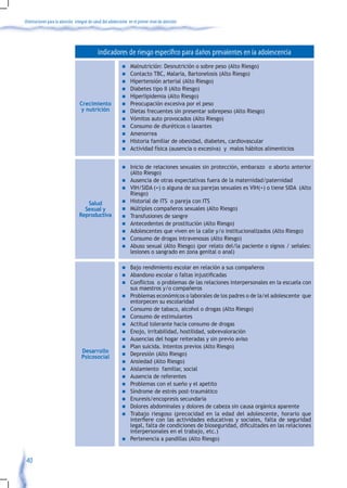 Orientaciones para la atención integral de salud del adolescente en el primer nivel de atención




                                             Indicadores de riesgo específico para daños prevalentes en la adolescencia
                                                            n     Malnutrición: Desnutrición o sobre peso (Alto Riesgo)
                                                            n     Contacto TBC, Malaria, Bartonelosis (Alto Riesgo)
                                                            n     Hipertensión arterial (Alto Riesgo)
                                                            n     Diabetes tipo II (Alto Riesgo)
                                                            n     Hiperlipidemia (Alto Riesgo)
                                  Crecimiento               n     Preocupación excesiva por el peso
                                  y nutrición               n     Dietas frecuentes sin presentar sobrepeso (Alto Riesgo)
                                                            n     Vómitos auto provocados (Alto Riesgo)
                                                            n     Consumo de diuréticos o laxantes
                                                            n     Amenorrea
                                                            n     Historia familiar de obesidad, diabetes, cardiovascular
                                                            n     Actividad física (ausencia o excesiva) y malos hábitos alimenticios


                                                            n     Inicio de relaciones sexuales sin protección, embarazo o aborto anterior
                                                                  (Alto Riesgo)
                                                            n     Ausencia de otras expectativas fuera de la maternidad/paternidad
                                                            n     VIH/SIDA (+) o alguna de sus parejas sexuales es VIH(+) o tiene SIDA (Alto
                                                                  Riesgo)
                                     Salud                  n     Historial de ITS o pareja con ITS
                                    Sexual y                n     Múltiples compañeros sexuales (Alto Riesgo)
                                  Reproductiva              n     Transfusiones de sangre
                                                            n     Antecedentes de prostitución (Alto Riesgo)
                                                            n     Adolescentes que viven en la calle y/o institucionalizados (Alto Riesgo)
                                                            n     Consumo de drogas intravenosas (Alto Riesgo)
                                                            n     Abuso sexual (Alto Riesgo) (por relato del/la paciente o signos / señales:
                                                                  lesiones o sangrado en zona genital o anal)

                                                            n     Bajo rendimiento escolar en relación a sus compañeros
                                                            n	    Abandono	escolar	o	faltas	injustificadas
                                                            n	    Conflictos		o	problemas	de	las	relaciones	interpersonales	en	la	escuela	con	
                                                                  sus maestros y/o compañeros
                                                            n     Problemas económicos o laborales de los padres o de la/el adolescente que
                                                                  entorpecen su escolaridad
                                                            n     Consumo de tabaco, alcohol o drogas (Alto Riesgo)
                                                            n     Consumo de estimulantes
                                                            n     Actitud tolerante hacia consumo de drogas
                                                            n     Enojo, irritabilidad, hostilidad, sobrevaloración
                                                            n     Ausencias del hogar reiteradas y sin previo aviso
                                                            n     Plan suicida. Intentos previos (Alto Riesgo)
                                   Desarrollo
                                   Psicosocial              n     Depresión (Alto Riesgo)
                                                            n     Ansiedad (Alto Riesgo)
                                                            n     Aislamiento familiar, social
                                                            n     Ausencia de referentes
                                                            n     Problemas con el sueño y el apetito
                                                            n     Síndrome de estrés post-traumático
                                                            n     Enuresis/encopresis secundaria
                                                            n     Dolores abdominales y dolores de cabeza sin causa orgánica aparente
                                                            n     Trabajo riesgoso (precocidad en la edad del adolescente, horario que
                                                                  interfiere	 con	 las	 actividades	 educativas	 y	 sociales,	 falta	 de	 seguridad	
                                                                  legal,	falta	de	condiciones	de	bioseguridad,	dificultades	en	las	relaciones	
                                                                  interpersonales en el trabajo, etc.)
                                                            n     Pertenencia a pandillas (Alto Riesgo)


 40
 