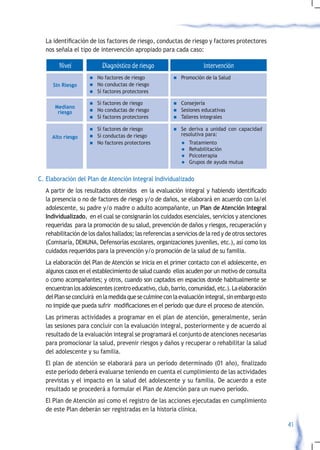 La	identificación	de	los	factores	de	riesgo,	conductas	de	riesgo	y	factores	protectores	
  nos señala el tipo de intervención apropiado para cada caso:

        Nivel              Diagnóstico de riesgo                      Intervención
                     n No factores de riesgo             n   Promoción de la Salud
      Sin Riesgo     n No conductas de riesgo
                     n Sí factores protectores

                     n Si factores de riesgo             n Consejería
       Mediano
        riesgo       n No conductas de riesgo            n Sesiones educativas
                     n Sí factores protectores           n Talleres integrales

                     n Sí factores de riesgo             n   Se deriva a unidad con capacidad
                       Sí conductas de riesgo                resolutiva para:
     Alto riesgo     n
                     n No factores protectores               l Tratamiento
                                                             l	Rehabilitación
                                                             l	Psicoterapia
                                                             l Grupos de ayuda   mutua


C. Elaboración del Plan de Atención Integral Individualizado
	 A	partir	de	los	resultados	obtenidos		en	la	evaluación	integral	y	habiendo	identificado	
  la presencia o no de factores de riesgo y/o de daños, se elaborará en acuerdo con la/el
  adolescente, su padre y/o madre o adulto acompañante, un Plan de Atención Integral
  Individualizado, en el cual se consignarán los cuidados esenciales, servicios y atenciones
  requeridas para la promoción de su salud, prevención de daños y riesgos, recuperación y
  rehabilitación de los daños hallados; las referencias a servicios de la red y de otros sectores
  (Comisaría, DEMUNA, Defensorías escolares, organizaciones juveniles, etc.), así como los
  cuidados requeridos para la prevención y/o promoción de la salud de su familia.
   La elaboración del Plan de Atención se inicia en el primer contacto con el adolescente, en
   algunos casos en el establecimiento de salud cuando ellos acuden por un motivo de consulta
   o como acompañantes; y otros, cuando son captados en espacios donde habitualmente se
   encuentran los adolescentes (centro educativo, club, barrio, comunidad, etc.). La elaboración
   del Plan se concluirá en la medida que se culmine con la evaluación integral, sin embargo esto
   no	impide	que	pueda	sufrir		modificaciones	en	el	período	que	dure	el	proceso	de	atención.	
   Las primeras actividades a programar en el plan de atención, generalmente, serán
   las sesiones para concluir con la evaluación integral, posteriormente y de acuerdo al
   resultado de la evaluación integral se programará el conjunto de atenciones necesarias
   para promocionar la salud, prevenir riesgos y daños y recuperar o rehabilitar la salud
   del adolescente y su familia.
	 El	plan	de	atención	se	elaborará	para	un	período	determinado	(01	año),	finalizado	
  este período deberá evaluarse teniendo en cuenta el cumplimiento de las actividades
  previstas y el impacto en la salud del adolescente y su familia. De acuerdo a este
  resultado se procederá a formular el Plan de Atención para un nuevo período.
   El Plan de Atención así como el registro de las acciones ejecutadas en cumplimiento
   de este Plan deberán ser registradas en la historia clínica.

                                                                                                    41
 
