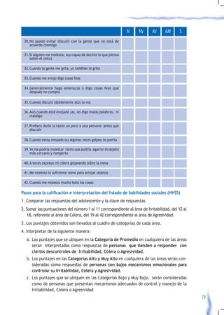N   RV     AV     AM      S
 30. No puedo evitar discutir con la gente que no está de
     acuerdo conmigo

 31. Si alguien me molesta, soy capaz de decirle lo que pienso
     sobre él (ella)

 32. Cuando la gente me grita, yo también le grito

 33. Cuando me enojo digo cosas feas

 34. Generalmente hago amenazas o digo cosas feas que
     después no cumplo

 35. Cuando discuto rápidamente alzo la voz

 36. Aún cuando esté enojado (a), no digo malas palabras, ni
     maldigo

 37.	 refiero	darle	la	razón	un	poco	a	una	persona		antes	que	
    P
    discutir

 38. Cuando estoy enojado (a) algunas veces golpeo la puerta

 39. Yo me podría molestar tanto que podría agarrar el objeto
     más cercano y romperlo

 40. A veces expreso mi cólera golpeando sobre la mesa

 41.	Me	molesto	lo	suficiente	como	para	arrojar	objetos

 42. Cuando me molesto mucho boto las cosas

Pasos para la calificación e interpretación del listado de habilidades sociales (HHSS)
1. Comparar las respuestas del adolescente y la clave de respuestas.
2. Sumar las puntuaciones del número 1 al 11 correspondiente al área de Irritabilidad, del 12 al
   18, referente al área de Cólera, del 19 al 42 correspondiente al área de Agresividad.
3. Los puntajes obtenidos son llevados al cuadro de categorías de cada área.
4. Interpretar de la siguiente manera:
   a. Los puntajes que se ubiquen en la Categoría de Promedio en cualquiera de las áreas
      serán interpretados como respuestas de personas que tienden a responder con
      ciertos descontroles de Irritabilidad, Cólera o Agresividad.
   b. Los puntajes en las Categorías Alto y Muy Alto en cualquiera de las áreas serán con-
      sideradas como respuestas de personas con bajos mecanismos emocionales para
      controlar su Irritabilidad, Cólera y Agresividad.
   c. Los puntajes que se ubiquen en las Categorías Bajo y Muy Bajo, serán consideradas
      como de personas que presentan mecanismos adecuados de control y manejo de la
      Irritabilidad, Cólera o Agresividad
                                                                                                   79
 