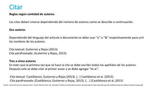 Citar
Reglas según cantidad de autores.
Las citas deben crearse dependiendo del número de autores como se describe a continuación.
Dos autores
Dependiendo del lenguaje del artículo o documento se debe usar “y” o “&” respectivamente para unir
los nombres de los autores.
Cita textual: Gutierrez y Rojas (2013).
Cita parafraseada: (Gutierrez y Rojas, 2013)
Tres a cinco autores
En este caso la primera vez que se hace la cita se debe escribir todos los apellidos de los autores.
Después solo se debe citar al primer autor y se debe agregar “et al.”.
Cita textual: Castiblanco, Gutierrez y Rojas (2013). (…) Castiblanco et al. (2013).
Cita parafraseada: (Castiblanco, Gutierrez y Rojas, 2013). (….) (Castiblanco et al.,2013)
Fuente: Centro de escritura Javeriano (Ed.). (2013). Normas APA. Cali, Colombia: Pontificia Universidad Javeriana. Recuperado de: http://portales.puj.edu.co/ftpcentroescritura/Recursos/Normasapa.pdf
 