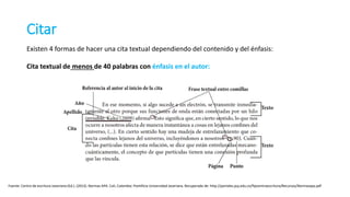 Existen 4 formas de hacer una cita textual dependiendo del contenido y del énfasis:
Cita textual de menos de 40 palabras con énfasis en el autor:
Citar
Fuente: Centro de escritura Javeriano (Ed.). (2013). Normas APA. Cali, Colombia: Pontificia Universidad Javeriana. Recuperado de: http://portales.puj.edu.co/ftpcentroescritura/Recursos/Normasapa.pdf
 