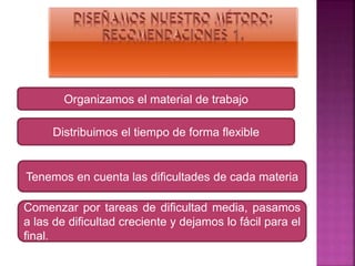 Organizamos el material de trabajo
Distribuimos el tiempo de forma flexible
Tenemos en cuenta las dificultades de cada materia
Comenzar por tareas de dificultad media, pasamos
a las de dificultad creciente y dejamos lo fácil para el
final.
 