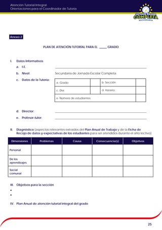 Atención Tutorial Integral
Orientaciones para el Coordinador de Tutoría
PLAN DE ATENCIÓN TUTORÍAL PARA EL _____ GRADO
I. Datos Informativos
a. I.E. _____________________________________________________________
b. Nivel: Secundaria de Jornada Escolar Completa
c. Datos de la Tutoría:
d. Director: _____________________________________________________________
e. Profesor-tutor: _____________________________________________________________
II. Diagnóstico (aspectos relevantes extraídos del Plan Anual de Trabajo y de la Ficha de
Recojo de datos y expectativas de los estudiantes para ser atendidos durante el año lectivo)
III. Objetivos para la sección
IV. Plan Anual de atención tutorial integral del grado
25
Anexo 2
a. Grado: b. Sección
c. Día: d. Horario:
e. Número de estudiantes:
Dimensiones Problemas Causa Consecuencia(s) Objetivos
Personal
De los
aprendizajes
Social
comunal
 