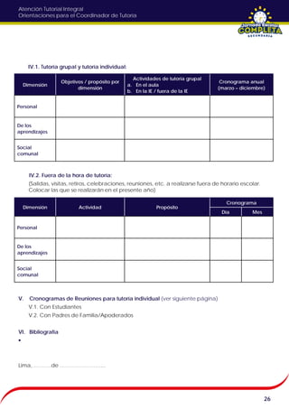 Atención Tutorial Integral
Orientaciones para el Coordinador de Tutoría
IV.1. Tutoría grupal y tutoría individual:
IV.2. Fuera de la hora de tutoría:
(Salidas, visitas, retiros, celebraciones, reuniones, etc. a realizarse fuera de horario escolar.
Colocar las que se realizarán en el presente año)
V. Cronogramas de Reuniones para tutoría individual (ver siguiente página)
V.1. Con Estudiantes
V.2. Con Padres de Familia/Apoderados
VI. Bibliografía
Lima, ……….de ……………………..
26
Dimensión
Objetivos / propósito por
dimensión
Actividades de tutoría grupal
a. En el aula
b. En la IE / fuera de la IE
Cronograma anual
(marzo – diciembre)
Personal
De los
aprendizajes
Social
comunal
Dimensión Actividad Propósito
Cronograma
Día Mes
Personal
De los
aprendizajes
Social
comunal
 