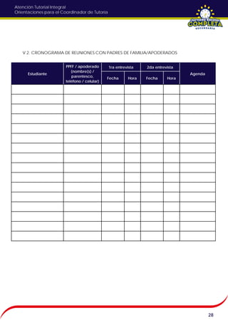 Atención Tutorial Integral
Orientaciones para el Coordinador de Tutoría
V.2. CRONOGRAMA DE REUNIONES CON PADRES DE FAMILIA/APODERADOS
28
Estudiante
PPFF / apoderado
(nombre(s) /
parentesco,
teléfono / celular)
1ra entrevista 2da entrevista
Agenda
Fecha Hora Fecha Hora
 
