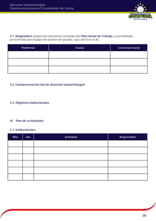 Atención Tutorial Integral
Orientaciones para el Coordinador de Tutoría
4.1. Diagnóstico (aspectos relevantes extraídos del Plan Anual de Trabajo y consolidado
presentado por equipo de tutores de grados, que afectan la IE)
4.2. Fundamentación del de Atención Tutorial Integral
4.3. Objetivos institucionales
IV. Plan de actividades
5.1. Institucionales
30
Problemas Causa Consecuencia(s)
Mes Día Actividad Responsable
 