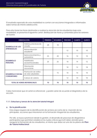 Atención Tutorial Integral
Orientaciones para el Coordinador de Tutoría
El resultado esperado de esta modalidad es contar con secciones integradas e informadas
sobre temas de interés adolescente.
Para efectivizar las horas destinadas a realizar la atención de los estudiantes bajo esta
modalidad, se presenta el siguiente cartel distribución de horas y contenidos para las sesiones
de tutoría:
Cabe mencionar que el cartel es referencial, y podrá variar de acuerdo al diagnóstico de la
sección.
1.1.1. Estructura y tareas de la atención tutorial integral
a. De la planificación
Esta etapa requiere de la identificación de actores así como de la inserción de las
principales acciones que intervienen en la formación integral de los estudiantes.
Por ello, se busca promover desde la gestión, el desarrollo de procesos de diagnóstico
participativo que permitan establecer los nudos críticos que la IE debe atender para
asegurar la formación de los estudiantes, el mismo que debe ser uno de los pilares del Plan
de Tutoría Institucional.
7
ORIENTACIÓN PRIMERO SEGUNDO TERCERO CUARTO QUINTO
DEARROLLO DE LOS
APRENDIZAJES
Hábitos y técnicas de
estudio
20 10
Autoevaluación
estudiantil
12 10 10
DESARROLLO
PERSONAL
Autoconocimiento y
autoestima
25 20 16 14 10
Habilidades
socioemocionales
25 25 10 14 12
Orientación
vocacional
10 12 18
DESARROLLO SOCIAL
COMUNITARIO
Promoción de estilos
de vida saludables
15 10 10 10
Cultura de valores 12 10 10
TOTAL DE HORAS REFERENCIALES 70 70 70 70 70
 