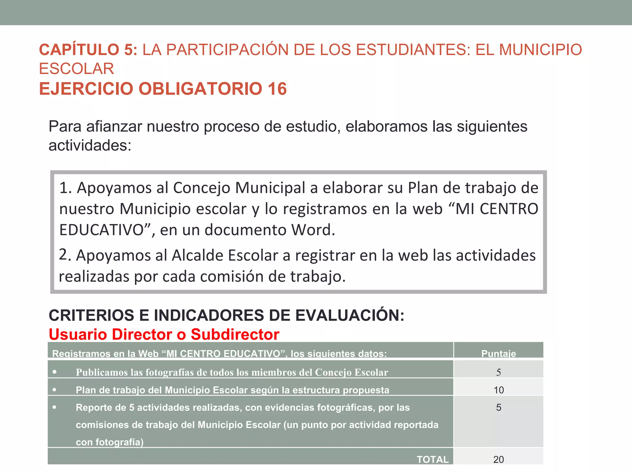 CAPÍTULO 5: LA PARTICIPACIÓN DE LOS ESTUDIANTES: EL MUNICIPIO
ESCOLAR
EJERCICIO OBLIGATORIO 16

 Para afianzar nuestro proceso de estudio, elaboramos las siguientes
 actividades:

     1. Apoyamos al Concejo Municipal a elaborar su Plan de trabajo de
     nuestro Municipio escolar y lo registramos en la web “MI CENTRO
     EDUCATIVO”, en un documento Word.
     2. Apoyamos al Alcalde Escolar a registrar en la web las actividades
     realizadas por cada comisión de trabajo.

 CRITERIOS E INDICADORES DE EVALUACIÓN:
 Usuario Director o Subdirector
 Registramos en la Web “MI CENTRO EDUCATIVO”, los siguientes datos:                        Puntaje
 •     Publicamos las fotografías de todos los miembros del Concejo Escolar                  5
 •     Plan de trabajo del Municipio Escolar según la estructura propuesta                   10
 •     Reporte de 5 actividades realizadas, con evidencias fotográficas, por las             5
       comisiones de trabajo del Municipio Escolar (un punto por actividad reportada
       con fotografía)
                                                                                   TOTAL     20
 