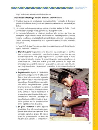 23
ÁREA DE EDUCACIÓN
PARA EL TRABAJO
dizajes profesionales adquiridos en diferentes ámbitos.
Organización del Catálogo Nacional de Títulos y Certiﬁcaciones
a) El Catálogo Nacional está constituido por el conjunto de títulos y certificados de desempeño
y formación profesional técnica para el Perú, demandados e identificados por el sector pro-
ductivo.
b) Las carreras profesionales técnicas que integran el Catálogo Nacional de Títulos y Certifi-
caciones se organizan por niveles, por familias y títulos profesionales.
c) Los niveles de la formación se establecen atendiendo a las funciones que tienen que
desempeñar las personas durante el desarrollo de una actividad productiva, conside-
rando las variables de complejidad en la aplicación de conocimientos y tecnologías, así
como la autonomía y responsabilidad en la organización y ejecución de las actividades
productivas.
La Formación Profesional Técnica propuesta se organiza en tres niveles de formación: nivel
superior, nivel medio y nivel básico.
● El grado superior es postsecundario. Desarrolla capacidades para la planifica-
ción, organización, coordinación y control de los procesos productivos; así como
también capacidades para ejercer responsabilidad y autonomía sobre el diseño
del producto, sobre los procesos de producción y sobre los procesos y formas de
comercialización. La formación de este grado debe garantizar una preparación
orientada a la innovación tecnológica y la ejecución de procesos y procedimientos
de trabajo formalizados, con autonomía y capacidad de decisión en el ámbito de
su competencia.
● El grado medio requiere de competencias
equivalentes al segundo nivel de la Educación
Básica. Desarrolla competencias necesarias
para el ejercicio de una actividad ocupacional
especializada. En su ámbito de responsabili-
dad, el futuro trabajador debe ser capaz de
organizar procesos de producción, su propio
trabajo y las actividades de su equipo inme-
diato, ademas de resolver incidentes en el
proceso de producción aplicando los proce-
dimientos más adecuados. Debe seguir las
especificaciones predeterminadas de la eje-
cución global del proceso, pero es autónomo
en los aspectos técnicos de su área.
● El grado elemental no tiene requisitos
académicos. Desarrolla competencias ocupa-
cionales en el ámbito de la ejecución de las
actividades operativas propias del proceso
productivo, predeterminadas con instruccio-
nes. El nivel de autonomía se centra en la re-
 