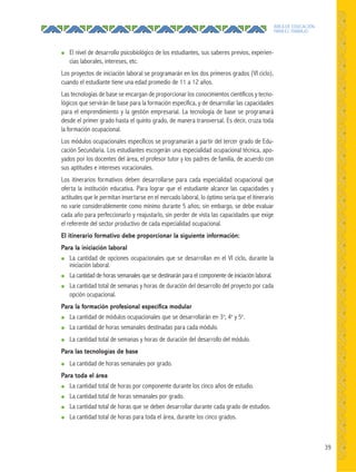 39
ÁREA DE EDUCACIÓN
PARA EL TRABAJO
● El nivel de desarrollo psicobiológico de los estudiantes, sus saberes previos, experien-
cias laborales, intereses, etc.
Los proyectos de iniciación laboral se programarán en los dos primeros grados (VI ciclo),
cuando el estudiante tiene una edad promedio de 11 a 12 años.
Las tecnologías de base se encargan de proporcionar los conocimientos científicos y tecno-
lógicos que servirán de base para la formación específica, y de desarrollar las capacidades
para el emprendimiento y la gestión empresarial. La tecnología de base se programará
desde el primer grado hasta el quinto grado, de manera transversal. Es decir, cruza toda
la formación ocupacional.
Los módulos ocupacionales específicos se programarán a partir del tercer grado de Edu-
cación Secundaria. Los estudiantes escogerán una especialidad ocupacional técnica, apo-
yados por los docentes del área, el profesor tutor y los padres de familia, de acuerdo con
sus aptitudes e intereses vocacionales.
Los itinerarios formativos deben desarrollarse para cada especialidad ocupacional que
oferta la institución educativa. Para lograr que el estudiante alcance las capacidades y
actitudes que le permitan insertarse en el mercado laboral, lo óptimo sería que el itinerario
no varíe considerablemente como mínimo durante 5 años; sin embargo, se debe evaluar
cada año para perfeccionarlo y reajustarlo, sin perder de vista las capacidades que exige
el referente del sector productivo de cada especialidad ocupacional.
El itinerario formativo debe proporcionar la siguiente información:
Para la iniciación laboral
● La cantidad de opciones ocupacionales que se desarrollan en el VI ciclo, durante la
iniciación laboral.
● La cantidad de horas semanales que se destinarán para el componente de iniciación laboral.
● La cantidad total de semanas y horas de duración del desarrollo del proyecto por cada
opción ocupacional.
Para la formación profesional especíﬁca modular
● La cantidad de módulos ocupacionales que se desarrollarán en 3o
, 4o
y 5o
.
● La cantidad de horas semanales destinadas para cada módulo.
● La cantidad total de semanas y horas de duración del desarrollo del módulo.
Para las tecnologías de base
● La cantidad de horas semanales por grado.
Para toda el área
● La cantidad total de horas por componente durante los cinco años de estudio.
● La cantidad total de horas semanales por grado.
● La cantidad total de horas que se deben desarrollar durante cada grado de estudios.
● La cantidad total de horas para toda el área, durante los cinco grados.
 
