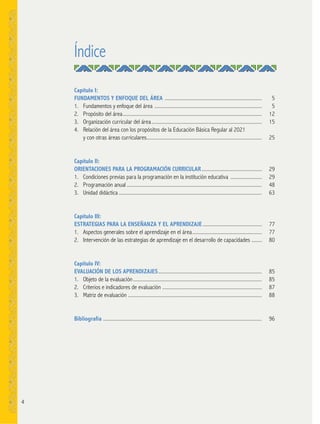 4
Índice
Capítulo I:
FUNDAMENTOS Y ENFOQUE DEL ÁREA .......................................................................... 5
1. Fundamentos y enfoque del área .................................................................................. 5
2. Propósito del área.......................................................................................................... 12
3. Organización curricular del área.................................................................................... 15
4. Relación del área con los propósitos de la Educación Básica Regular al 2021
y con otras áreas curriculares........................................................................................ 25
Capítulo II:
ORIENTACIONES PARA LA PROGRAMACIÓN CURRICULAR.............................................. 29
1. Condiciones previas para la programación en la institución educativa ........................ 29
2. Programación anual ....................................................................................................... 48
3. Unidad didáctica ............................................................................................................. 63
Capítulo III:
ESTRATEGIAS PARA LA ENSEÑANZA Y EL APRENDIZAJE ............................................. 77
1. Aspectos generales sobre el aprendizaje en el área..................................................... 77
2. Intervención de las estrategias de aprendizaje en el desarrollo de capacidades ........ 80
Capítulo IV:
EVALUACIÓN DE LOS APRENDIZAJES............................................................................... 85
1. Objeto de la evaluación.................................................................................................. 85
2. Criterios e indicadores de evaluación ............................................................................ 87
3. Matriz de evaluación ...................................................................................................... 88
Bibliografía ......................................................................................................................... 96
 