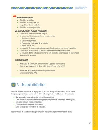 63
ÁREA DE EDUCACIÓN
PARA EL TRABAJO
Materiales educativos
● Materiales para dibujo.
● Materiales para los proyectos.
● Equipo básico de manualidades.
● Materiales para trabajo de taller.
VIII. ORIENTACIONES PARA LA EVALUACIÓN
● La evaluación será permanente e integral.
● En cada unidad didáctica se evaluarán cuatro criterios:
1. Gestión de procesos.
2. Ejecución de procesos.
3. Comprensión y aplicación de tecnologías.
4. Actitud ante el área.
● La evaluación de cada unidad didáctica se planificará mediante matrices de evaluación.
● La evaluación de los criterios se realizará mediante indicadores de evaluación.
● La evaluación de las actitudes ante el área será cualitativa y se realizará en una ficha de
seguimiento de actitudes.
IX. BIBLIOGRAFÍA
● MINISTERIO DE EDUCACIÓN. Emprendimiento: Capacidad emprendedora.
Fascículo para docentes N° 2. Serie 1 EPT. Lima: El Comercio S.A. 2007.
● MALPARTIDA FAUSTINO, María. Revista pirograbado en pana.
Lima: Imprenta Roma. 2009.
La unidad didáctica se constituye en la programación de corto plazo y en la herramienta principal para el
trabajo pedagógico del docente en el aula. Se deriva de la programación anual. Esta debe dar respuesta a:
● Qué aprendizajes se van a desarrollar en un periodo académico.
● Cómo se realizará el proceso de enseñanza y aprendizaje (actividades y estrategias metodológicas).
● Con qué se enseñará (medios y materiales).
● Cuándo se enseñará (duración - cronograma).
● Cómo se va a evaluar (indicadores de evaluación).
La programación de la unidad didáctica, por tanto, debe explicitar lo que pretendemos hacer en el aula.
3. Unidad didáctica
 