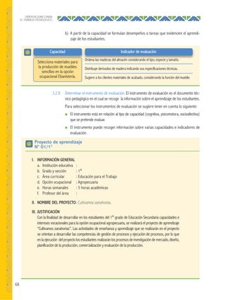 68
ORIENTACIONES PARA
EL TRABAJO PEDAGÓGICO
b) A partir de la capacidad se formulan desempeños o tareas que evidencien el aprendi-
zaje de los estudiantes.
Capacidad
Selecciona materiales para
la producción de muebles
sencillos en la opción
ocupacional Ebanistería.
Indicador de evaluación
Ordena las maderas del almacén considerando el tipo, especie y tamaño.
Distribuye derivados de madera indicando sus especificaciones técnicas.
Sugiere a los clientes materiales de acabado, considerando la función del mueble.
3.2.8 Determinar el instrumento de evaluación. El instrumento de evaluación es el documento téc-
nico pedagógico en el cual se recoge la información sobre el aprendizaje de los estudiantes.
Para seleccionar los instrumentos de evaluación se sugiere tener en cuenta lo siguiente:
● El instrumento está en relación al tipo de capacidad (cognitiva, psicomotora, socioafectiva)
que se pretende evaluar.
● El instrumento puede recoger información sobre varias capacidades e indicadores de
evaluación.
I. INFORMACIÓN GENERAL
a. Institución educativa :
b. Grado y sección : 1°
c. Área curricular : Educación para el Trabajo
d. Opción ocupacional : Agropecuaria
e. Horas semanales : 5 horas académicas
f. Profesor del área :
II. NOMBRE DEL PROYECTO: Cultivamos zanahorias.
III. JUSTIFICACIÓN
Con la finalidad de desarrollar en los estudiantes del 1° grado de Educación Secundaria capacidades e
intereses vocacionales para la opción ocupacional agropecuaria, se realizará el proyecto de aprendizaje
“Cultivamos zanahorias”. Las actividades de enseñanza y aprendizaje que se realizarán en el proyecto
se orientan a desarrollar las competencias de gestión de procesos y ejecución de procesos, por lo que
enlaejecución delproyectolosestudiantesrealizaránlosprocesosdeinvestigacióndemercado,diseño,
planificación de la producción, comercialización y evaluación de la producción.
Proyecto de aprendizaje
N° 01/1°
 