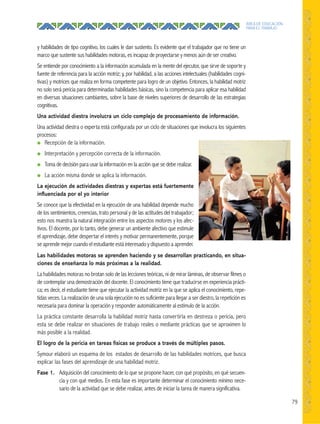 79
ÁREA DE EDUCACIÓN
PARA EL TRABAJO
● Recepción de la información.
● Interpretación y percepción correcta de la información.
● Toma de decisión para usar la información en la acción que se debe realizar.
● La acción misma donde se aplica la información.
La ejecución de actividades diestras y expertas está fuertemente
inﬂuenciada por el yo interior
Se conoce que la efectividad en la ejecución de una habilidad depende mucho
de los sentimientos, creencias, trato personal y de las actitudes del trabajador;
esto nos muestra la natural integración entre los aspectos motores y los afec-
tivos. El docente, por lo tanto, debe generar un ambiente afectivo que estimule
el aprendizaje, debe despertar el interés y motivar permanentemente, porque
se aprende mejor cuando el estudiante está interesado y dispuesto a aprender.
Las habilidades motoras se aprenden haciendo y se desarrollan practicando, en situa-
ciones de enseñanza lo más próximas a la realidad.
La habilidades motoras no brotan solo de las lecciones teóricas, ni de mirar láminas, de observar filmes o
de contemplar una demostración del docente. El conocimiento tiene que traducirse en experiencia prácti-
ca; es decir, el estudiante tiene que ejecutar la actividad motriz en la que se aplica el conocimiento, repe-
tidas veces. La realización de una sola ejecución no es suficiente para llegar a ser diestro, la repetición es
necesaria para dominar la operación y responder automáticamente al estímulo de la acción.
La práctica constante desarrolla la habilidad motriz hasta convertirla en destreza o pericia, pero
esta se debe realizar en situaciones de trabajo reales o mediante prácticas que se aproximen lo
más posible a la realidad.
El logro de la pericia en tareas físicas se produce a través de múltiples pasos.
Symour elaboró un esquema de los estados de desarrollo de las habilidades motrices, que busca
explicar las fases del aprendizaje de una habilidad motriz.
Fase 1. Adquisición del conocimiento de lo que se propone hacer, con qué propósito, en qué secuen-
cia y con qué medios. En esta fase es importante determinar el conocimiento mínimo nece-
sario de la actividad que se debe realizar, antes de iniciar la tarea de manera significativa.
y habilidades de tipo cognitivo, los cuales le dan sustento. Es evidente que el trabajador que no tiene un
marco que sustente sus habilidades motoras, es incapaz de proyectarse y menos aún de ser creativo.
Se entiende por conocimiento a la información acumulada en la mente del ejecutor, que sirve de soporte y
fuente de referencia para la acción motriz; y, por habilidad, a las acciones intelectuales (habilidades cogni-
tivas) y motrices que realiza en forma competente para logro de un objetivo. Entonces, la habilidad motriz
no solo será pericia para determinadas habilidades básicas, sino la competencia para aplicar esa habilidad
en diversas situaciones cambiantes, sobre la base de niveles superiores de desarrollo de las estrategias
cognitivas.
Una actividad diestra involucra un ciclo complejo de procesamiento de información.
Una actividad diestra o experta está configurada por un ciclo de situaciones que involucra los siguientes
procesos:
 