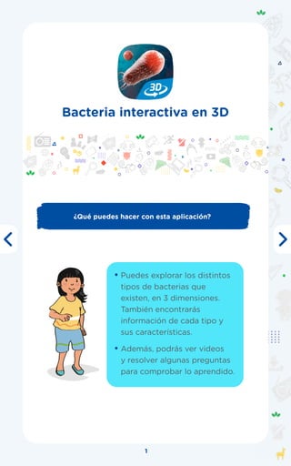1
Bacteria interactiva en 3D
¿Qué puedes hacer con esta aplicación?
Puedes explorar los distintos
tipos de bacterias que
existen, en 3 dimensiones.
También encontrarás
información de cada tipo y
sus características.
Además, podrás ver videos
y resolver algunas preguntas
para comprobar lo aprendido.
 