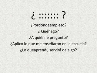 ¿ ::::::: ?
            ¿Pordóndeempiezo?
                ¿ Quéhago?
           ¿A quién le pregunto?
¿Aplíco lo que me enseñaron en la escuela?
      ¿Lo queaprendí, servirá de algo?
 