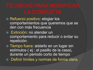 TÉCNICAS PARA MODIFICAR
LA CONDUCTA
 Refuerzo positivo: elogiar los
comportamientos que queremos que se
den con más frecuencia
 Extinción: no atender un
comportamiento para reducir o evitar su
repetición.
 Tiempo fuera: aislarlo en un lugar sin
estímulos ( ej : el pasillo de la casa),
durante un periodo corto de tiempo
 Definir límites y normas de forma clara.
 