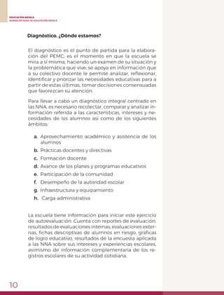 10
EDUCACIÓN BÁSICA
SUBSECRETARÍA DE EDUCACIÓN BÁSICA
El diagnóstico es el punto de partida para la elabora-
ción del PEMC; es el momento en que la escuela se
mira a sí misma, haciendo un examen de su situación y
la problemática que vive; se apoya en información que
a su colectivo docente le permite analizar, reflexionar,
identificar y priorizar las necesidades educativas para a
partir de estas últimas, tomar decisiones consensuadas
que favorezcan su atención.
Para llevar a cabo un diagnóstico integral centrado en
las NNA, es necesario recolectar, comparar y analizar in-
formación referida a las características, intereses y ne-
cesidades de los alumnos así como de los siguientes
ámbitos:
a.	Aprovechamiento académico y asistencia de los
alumnos
b.	 Prácticas docentes y directivas
c.	 Formación docente
d.	 Avance de los planes y programas educativos
e.	 Participación de la comunidad
f.	 Desempeño de la autoridad escolar
g.	 Infraestructura y equipamiento
h.	 Carga administrativa
La escuela tiene información para iniciar este ejercicio
de autoevaluación. Cuenta con reportes de evaluación,
resultados de evaluaciones internas, evaluaciones exter-
nas, fichas descriptivas de alumnos en riesgo, gráficas
de logro educativo, resultados de la encuesta aplicada
a las NNA sobre sus intereses y experiencias escolares,
asimismo de información complementaria de los re-
gistros escolares de su actividad cotidiana.
Diagnóstico. ¿Dónde estamos?
 