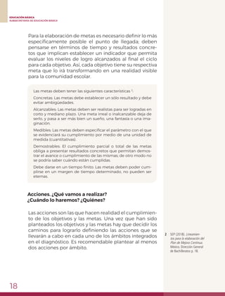 18
EDUCACIÓN BÁSICA
SUBSECRETARÍA DE EDUCACIÓN BÁSICA
Para la elaboración de metas es necesario definir lo más
específicamente posible el punto de llegada; deben
pensarse en términos de tiempo y resultados concre-
tos que implican establecer un indicador que permita
evaluar los niveles de logro alcanzados al final el ciclo
para cada objetivo. Así, cada objetivo tiene su respectiva
meta que lo irá transformando en una realidad visible
para la comunidad escolar.
Acciones. ¿Qué vamos a realizar?
¿Cuándo lo haremos? ¿Quiénes?
Las acciones son las que hacen realidad el cumplimien-
to de los objetivos y las metas. Una vez que han sido
planteados los objetivos y las metas hay que decidir los
caminos para lograrlo definiendo las acciones que se
llevarán a cabo en cada uno de los ámbitos integrados
en el diagnóstico. Es recomendable plantear al menos
dos acciones por ámbito.
Las metas deben tener las siguientes características 2
:
Concretas: Las metas debe establecer un sólo resultado y debe
evitar ambigüedades.
Alcanzables: Las metas deben ser realistas para ser logradas en
corto y mediano plazo. Una meta irreal o inalcanzable deja de
serlo, y pasa a ser más bien un sueño, una fantasía o una ima-
ginación.
Medibles: Las metas deben especificar el parámetro con el que
se evidenciará su cumplimiento por medio de una unidad de
medida (cuantitativas).
Demostrables: El cumplimiento parcial o total de las metas
obliga a presentar resultados concretos que permitan demos-
trar el avance o cumplimiento de las mismas; de otro modo no
se podría saber cuándo están cumplidas.
Debe darse en un tiempo finito: Las metas deben poder cum-
plirse en un margen de tiempo determinado, no pueden ser
eternas.
2	 SEP (2018). Lineamien-
tos para la elaboración del
Plan de Mejora Continua.
México. Dirección General
de Bachilleratos p. 18.
 