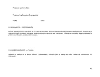 Personas que la realizan



      Personas implicadas en la propuesta



      Fecha                                      Firma



D) SEGUIMIENTO - COORDINACIÓN


Fechas; temas tratados; evaluación de lo que el alumno hace tanto en el aula ordinaria como en el aula de apoyo; revisión de la
adecuación de la propuesta educativa; acuerdos tomados; personas que intervienen; criterios de promoción; sugerencias para la
próxima coordinación, para el próximo curso…




E) COLABORACIÓN CON LA FAMILIA


Objetivos a trabajar en el ámbito familiar. Orientaciones y recursos para el trabajo en casa. Fechas de coordinación y/o
información.




                                                                                                                            10
 