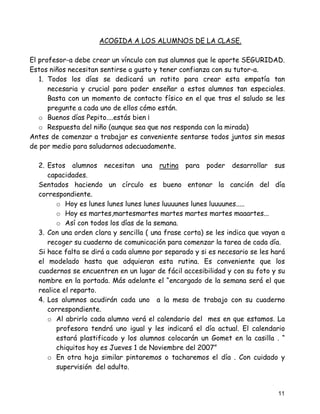 ACOGIDA A LOS ALUMNOS DE LA CLASE.

El profesor-a debe crear un vínculo con sus alumnos que le aporte SEGURIDAD.
Estos niños necesitan sentirse a gusto y tener confianza con su tutor-a.
   1. Todos los días se dedicará un ratito para crear esta empatía tan
      necesaria y crucial para poder enseñar a estos alumnos tan especiales.
      Basta con un momento de contacto físico en el que tras el saludo se les
      pregunte a cada uno de ellos cómo están.
   o Buenos días Pepito....estás bien ¡
   o Respuesta del niño (aunque sea que nos responda con la mirada)
Antes de comenzar a trabajar es conveniente sentarse todos juntos sin mesas
de por medio para saludarnos adecuadamente.

  2. Estos alumnos necesitan una rutina para poder desarrollar sus
     capacidades.
  Sentados haciendo un círculo es bueno entonar la canción del día
  correspondiente.
        o Hoy es lunes lunes lunes lunes luuuunes lunes luuuunes.....
        o Hoy es martes,martesmartes martes martes martes maaartes...
        o Así con todos los días de la semana.
  3. Con una orden clara y sencilla ( una frase corta) se les indica que vayan a
     recoger su cuaderno de comunicación para comenzar la tarea de cada día.
  Si hace falta se dirá a cada alumno por separado y si es necesario se les hará
  el modelado hasta que adquieran esta rutina. Es conveniente que los
  cuadernos se encuentren en un lugar de fácil accesibilidad y con su foto y su
  nombre en la portada. Más adelante el “encargado de la semana será el que
  realice el reparto.
  4. Los alumnos acudirán cada uno a la mesa de trabajo con su cuaderno
     correspondiente.
     o Al abrirlo cada alumno verá el calendario del mes en que estamos. La
        profesora tendrá uno igual y les indicará el día actual. El calendario
        estará plastificado y los alumnos colocarán un Gomet en la casilla . “
        chiquitos hoy es Jueves 1 de Noviembre del 2007”
     o En otra hoja similar pintaremos o tacharemos el día . Con cuidado y
        supervisión del adulto.


                                                                             11
 