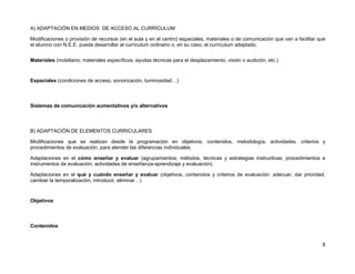 A) ADAPTACIÓN EN MEDIOS DE ACCESO AL CURRÍCULUM

Modificaciones o provisión de recursos (en el aula y en el centro) espaciales, materiales o de comunicación que van a facilitar que
el alumno con N.E.E. pueda desarrollar el currículum ordinario o, en su caso, el currículum adaptado.


Materiales (mobiliario; materiales específicos; ayudas técnicas para el desplazamiento, visión o audición, etc.)



Espaciales (condiciones de acceso, sonorización, luminosidad…)



Sistemas de comunicación aumentativos y/o alternativos



B) ADAPTACIÓN DE ELEMENTOS CURRICULARES

Modificaciones que se realizan desde la programación en objetivos, contenidos, metodología, actividades, criterios y
procedimientos de evaluación, para atender las diferencias individuales.

Adaptaciones en el cómo enseñar y evaluar (agrupamientos; métodos, técnicas y estrategias instructivas; procedimientos e
instrumentos de evaluación; actividades de enseñanza-aprendizaje y evaluación).

Adaptaciones en el qué y cuándo enseñar y evaluar (objetivos, contenidos y criterios de evaluación: adecuar, dar prioridad,
cambiar la temporalización, introducir, eliminar…)



Objetivos



Contenidos


                                                                                                                                 8
 
