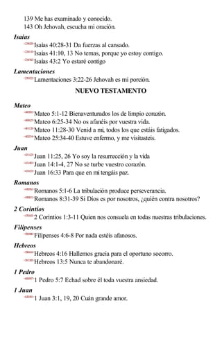 139 Me has examinado y conocido.
143 Oh Jehovah, escucha mi oración.
Isaías
<234028>
Isaías 40:28-31 Da fuerzas al cansado.
<234110>
Isaías 41:10, 13 No temas, porque yo estoy contigo.
<234302>
Isaías 43:2 Yo estaré contigo
Lamentaciones
<250322>
Lamentaciones 3:22-26 Jehovah es mi porción.
NUEVO TESTAMENTO
Mateo
<400501>
Mateo 5:1-12 Bienaventurados los de limpio corazón.
<400625>
Mateo 6:25-34 No os afanéis por vuestra vida.
<401128>
Mateo 11:28-30 Venid a mí, todos los que estáis fatigados.
<402534>
Mateo 25:34-40 Estuve enfermo, y me visitasteis.
Juan
<431125>
Juan 11:25, 26 Yo soy la resurrección y la vida
<431401>
Juan 14:1-4, 27 No se turbe vuestro corazón.
<431633>
Juan 16:33 Para que en mí tengáis paz.
Romanos
<450501>
Romanos 5:1-6 La tribulación produce perseverancia.
<450831>
Romanos 8:31-39 Si Dios es por nosotros, ¿quién contra nosotros?
2 Corintios
<470103>
2 Corintios 1:3-11 Quien nos consuela en todas nuestras tribulaciones.
Filipenses
<500406>
Filipenses 4:6-8 Por nada estéis afanosos.
Hebreos
<580416>
Hebreos 4:16 Hallemos gracia para el oportuno socorro.
<581305>
Hebreos 13:5 Nunca te abandonaré.
1 Pedro
<600507>
1 Pedro 5:7 Echad sobre él toda vuestra ansiedad.
1 Juan
<620301>
1 Juan 3:1, 19, 20 Cuán grande amor.
 