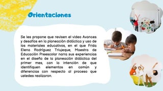 Orientaciones
Se les propone que revisen el video Avances
y desafíos en la planeación didáctica y uso de
los materiales educativos, en el que Frida
Elena Rodríguez Triujeque, Maestra de
Educación Preescolar narra sus experiencias
en el diseño de la planeación didáctica del
primer mes, con la intención de que
identifiquen elementos en común y
diferencias con respecto al proceso que
ustedes realizaron.
 