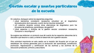 Gestión escolar y asuntos particulares
de la escuela
En colectivo, dialoguen sobre las siguientes preguntas:
 ¿Qué elementos consideran necesarios actualizar en el diagnóstico
socioeducativo de la escuela, a partir de los insumos revisados?
 ¿El colectivo docente conoce otras alternativas de diagnóstico para los
procesos de enseñanza, aprendizaje y de gestión?
 ¿Qué aspectos o ámbitos de la gestión escolar consideran necesarios
incorporar o reconfigurar?
Se sugiere que elaboren un producto que dé cuenta de los aspectos relevantes de la
discusión que llevaron a cabo y oriente el desarrollo de la gestión escolar.
Otra actividad importante en esta sesión es la revisión del Acuerdo por el que se
establecen las normas generales para la evaluación del aprendizaje, acreditación,
promoción, regularización y certificación de las alumnas y los alumnos de la
educación preescolar, primaria y secundaria
 
