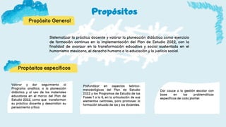 Propósitos específicos
Propósitos
Propósito General
Sistematizar la práctica docente y valorar la planeación didáctica como ejercicio
de formación continua en la implementación del Plan de Estudio 2022, con la
finalidad de avanzar en la transformación educativa y social sustentada en el
humanismo mexicano, el derecho humano a la educación y la justicia social.
Valorar y dar seguimiento al
Programa analítico, a la planeación
didáctica y al uso de los materiales
educativos en el marco del Plan de
Estudio 2022, como que transforman
su práctica docente y desarrollan su
pensamiento crítico
Profundizar en aspectos teórico-
metodológicos del Plan de Estudio
2022 y los Programas de Estudio de las
Fases 1 a la 6, en la articulación de sus
elementos centrales, para promover la
formación situada de las y los docentes.
Dar cauce a la gestión escolar con
base en las problemáticas
específicas de cada plantel.
 