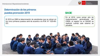 Determinación delosprimeros
puestospromoción 2019
El 2019 en EBR la determinación de estudiantes que se ubican en
los cinco primeros puestos será de acuerdo a la R.M. N° 1225-85-
ED.
SIAGIE
En el 2019, como primer año de
implementación generalizada del
CNEB, el registro en el SIAGIE se
realizará cuando este sistema se
actualice.
Orientaciones/ Disposicionestransitorias
 