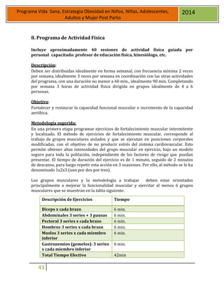 43
Programa Vida Sana, Estrategia Obesidad en Niños, Niñas, Adolescentes,
Adultos y Mujer Post Parto
2014
8. Programa de Actividad Física
Incluye aproximadamente 40 sesiones de actividad física guiada por
personal capacitado: profesor de educación física, kinesiólogo, etc.
Descripción:
Deben ser distribuidas idealmente en forma semanal, con frecuencia mínima 2 veces
por semana, idealmente 3 veces por semana en coordinación con las otras actividades
del programa, con una duración no menor a 60 min., idealmente 90 min. Completando
por semana 3 horas de actividad física dirigida en grupos idealmente de 4 a 6
personas.
Objetivo:
Fortalecer y restaurar la capacidad funcional muscular e incremento de la capacidad
aeróbica.
Metodología sugerida:
En una primera etapa programar ejercicios de fortalecimiento muscular intermitente
y localizado. El método de ejercicios de fortalecimiento muscular, corresponde al
trabajo de grupos musculares aislados y que se ejecutan en posiciones corporales
modificadas, con el objetivo de no producir estrés del sistema cardiovascular. Esto
permite obtener altas intensidades del grupo muscular en ejercicio, bajo un modelo
seguro para toda la población, independiente de los factores de riesgo que puedan
presentar. El tiempo de duración del ejercicio es de 1 minuto, seguido de 2 minutos
de descanso, para luego repetir esta acción en 3 ocasiones. Por ello, al método se le ha
denominado 1x2x3 (uno por dos por tres).
Los grupos musculares y la metodología a trabajar deben estar orientados
principalmente a mejorar la funcionalidad muscular y ejercitar al menos 6 grupos
musculares que se muestran en la tabla siguiente:
Descripción de Ejercicios Tiempo
Bíceps x cada brazo 6 min.
Abdominales 3 series + 3 pausas 6 min.
Pectoral 3 series x cada brazo 6 min.
Hombros 3 series x cada brazo 6 min.
Muslos 3 series x cada miembro
inferior
6 min.
Gastronemios (gemelos): 3 series
x cada miembro inferior
6 min.
Total Tiempo Efectivo 42min
 