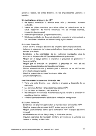 gobiernos locales, las juntas directivas de las organizaciones vecinales o
barriales.
Un municipio que promueve las HPV
 Ha logrado establecer la relación entre HPV y desarrollo
humano
sostenible.
 Invierte en planes concretos para actuar sobre los determinantes de la
salud, elaborados de manera concertada con los diversos sectores,
incluyendo el empresarial.
 Promueve participación y vigilancia ciudadana,
 Brinda oportunidades de desarrollo educativo, ocupacional y recreacional a
sus habitantes a través de sus instituciones y organizaciones.
Acciones a desarrollar:
- Incluir las HPV en el plan de acción del programa de municipio saludable.
- Incluir en la evaluación del programa indicadores de proceso y resultados en
HPV en el municipio.
- Sensibilizar a las autoridades de los gobiernos municipales sobre la
importancia de desarrollar HPV para lograr bienestar y desarrollo.
- Abogar por el apoyo político a programas y proyectos de promoción y
fomento de HPV.
- Abogar por la inclusión de programas y proyectos de HPV en los
presupuestos participativos de los gobiernos locales.
- Brindar asistencia técnica y asesoría para la inclusión de las HPV en los
proyectos locales priorizados.
- Planificar y desarrollar acciones de difusión sobre HPV.
- Documentar el proceso.
Una comunidad saludable que promueve HPV
 Tiene una junta directiva que alienta el progreso y desarrollo de su
comunidad.
 Las personas, familias y organizaciones practican HPV
 Las personas se respetan y valoran entre si.
 Ha establecido mecanismos de control social para prevenir la aparición de
pandillas y violencia callejera .
 Fomenta permanentemente espacios de recreación e integración
Acciones a desarrollar
- Sensibilizar a la dirigencia comunal en la importancia de fomentar las HPV.
- Planificar y desarrollar acciones de IEC a nivel comunal en HPV.
- Abogar y dar asistencia técnica por la inclusión de HPV en el plan de acción
comunal.
- Promover el buen uso del tiempo libre y la práctica de valores.
- Impulsar programas de integración familiar y prevención de la violencia con
base en la familia y la comunidad.

Lineamientos del programa de Habilidades para la Vida, presentado por D. Vereau

34

 