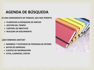 AGENDA DE BÚSQUEDA
ES UNA HERRAMIENTA DE TRABAJO, QUE NOS PERMITE:
 PLANIFICAR LA BÚSQUEDA DE EMPLEO
 GESTIÓN DEL TIEMPO
 CONTROL DE OBJETIVOS
 REALIZAR UN SEGUIMIENTO
¿QUÉ DEBEMOS ANOTAR?
 NOMBRES Y TELÉFONOS DE PERSONAS DE INTERÉS
 DATOS DE EMPRESAS
 FUENTES DE INFORMACIÓN
 CITAS, LLAMADAS, VISITAS
 