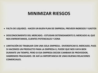 MINIMIZAR RIESGOS
 FALTA DE LIQUIDEZ.- HACER UN BUEN PLAN DE EMPRESA, PREVEER INGRESOS Y GASTOS
 DESCONOCIMIENTO DEL MERCADO.- ESTUDIAR DETENIDAMENTE EL MERCADO AL QUE
NOS ENFRENTAMOS, CLIENTES POTENCIALES Y ZONA
 LIMITACIÓN DE TRABAJAR CON UNA SOLA EMPRESA.- DIVERSIFICAR EL MERCADO, PUES
SI HACEMOS UN PRODUCTO PARA LA EMPRESA X, PUEDE QUE NOS VAYA BIEN
DURANTE UN TIEMPO, PERO SI ESA EMPRESA DECIDE CAMBIAR DE PROVEEDOR,
HABREMOS FRACASADO. DE AHÍ LA IMPORTANCIA DE UNAS BUENAS RELACIONES
COMERCIALES.
 