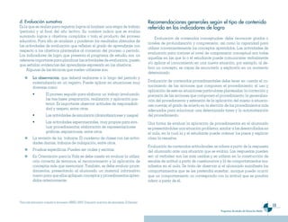 d. Eva��uación sumativa                                                                                                Recomendaciones genera��es según e�� ti�o de contenido
Es la que se realiza para registrar logros al finalizar una etapa de trabajo                                           referido en ��os indicadores de ��ogro
(período) y al final del año lectivo. Su nombre indica que se evalúa
sumando logros y objetivos cumplidos o todo el producto del proceso
                                                                                                                            Evaluación de contenidos conceptuales: debe reconocer grados o
educativo. Para ello se analizan y ponderan los resultados obtenidos de
                                                                                                                       niveles de profundización y comprensión, así como la capacidad para
las actividades de evaluación que reflejan el grado de aprendizaje con
                                                                                                                       utilizar convenientemente los conceptos aprendidos. Las actividades de
respecto a los objetivos planteados al comienzo del proceso o período.
                                                                                                                       evaluación para conocer el nivel de comprensión conceptual son todas
Los indicadores de logro que presenta el programa de estudio son un
                                                                                                                       aquellas en las que la o el estudiante puede comunicarse verbalmente
referente importante para planificar las actividades de evaluación, puesto
                                                                                                                       y/o aplicar el conocimiento en una nueva situación, por ejemplo, al de-
que señalan evidencias del aprendizaje expresado en los objetivos.
                                                                                                                       finir un concepto, es capaz de enunciarlo y explicarlo en un momento
    Algunas de las técnicas que suelen utilizarse son:
                                                                                                                       determinado.
               La observación. que deberá realizarse a lo largo del período y
               materializarla en un registro. Puede aplicar en situaciones muy                                         Evaluación de contenidos procedimentales debe tener en cuenta el co-
               diversas como:                                                                                          nocimiento de las acciones que componen el procedimiento; el uso y
                                                                                                                       aplicación de este en situaciones particulares planteadas; la corrección y
               •            El proceso seguido para elaborar un trabajo (evaluando                                     precisión de las acciones que componen el procedimiento; la generaliza-
                            las tres fases: preparación, realización y aplicación pos -                                ción del procedimiento y extensión de la aplicación del mismo a situacio-
                            terior. Es importante observar actitudes de responsabili-                                  nes nuevas; el grado de acierto en la elección de los procedimientos más
                            dad y respeto, entre otras.                                                                adecuados para solucionar una determinada tarea y la automatización
               •            Las actividades de simulación (dramatizaciones y juegos)                                   del procedimiento.
               •            Las actividades experimentales, muy propias para eva-                                      Una forma de evaluar la aplicación de procedimientos en el alumnado
                            luar procedimientos; elaboración de representaciones                                       es presentándoles una situación problema, similar a las desarrolladas en
                            gráficas, exposiciones, entre otros.                                                       el aula, en la cual la y el estudiante puede ordenar los pasos y explicar
               La revisión de los trabajos. El cuaderno de clases con las activi-                                      cómo la resuelve.
               dades diarias, trabajos de indagación, entre otros.
                                                                                                                       Evaluación de contenidos actitudinales: se infiere a partir de la respuesta
               Pruebas específicas. Pueden ser orales y escritas.                                                      del alumnado ante una situación que se evalúa. Las respuestas pueden
               En Orientación para la Vida se debe insistir en evaluar la utiliza-                                     ser: a) verbales: son las más usadas y se utilizan en la construcción de
               ción correcta de términos, el reconocimiento y la aplicación de                                         escalas de actitud a partir de cuestionarios y b) de comportamientos ma-
               conceptos más que memorizar. También, se debe evaluar proce-                                            nifiestos en el aula. Se trata de observar si el alumnado manifiesta los
               dimientos, presentando al alumnado un material informativo                                              comportamientos que se les pretendía enseñar, aunque puede ocurrir
               nuevo para que ellos apliquen conceptos y procedimientos apren-                                         que un comportamiento no corresponda con la actitud que se pondría
               didos anteriormente.                                                                                    inferir a partir de él.




7
    Para más información consultar el documento: MINED. (2007). Evaluación al servicio del aprendizaje. El Salvador.
                                                                                                                                                                                                              1
                                                                                                                                                                    Programas de estudio de Educación Media
 