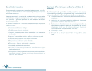 Las actividades integradoras                                                 Im�ortancia de ��os criterios �ara �onderar ��as actividades de
                                                                                  eva��uación
     La evaluación de competencias y contenidos debe ser diversa, para ello,
     se propone utilizar actividades de evaluación integradoras junto con otras   El profesorado tiene la oportunidad de establecer criterios en el proceso
     técnicas de evaluación7.                                                     de evaluación, aplicables a los indicadores de logro. Algunos ejemplos de
                                                                                  criterios de evaluación en Orientación para la vida son los siguientes:
     Deberán garantizar la capacidad de transferencia de cada uno de los              a) Coherencia, exactitud, creatividad y disposición para cumplir in-
     contenidos que configuran la competencia, ya que esta es la clave para                dicaciones.
     que el alumno y la alumna sea capaz en otros momentos de afrontar
                                                                                     b)   Aplicación del conocimiento especifico a diferentes situaciones
     situaciones parecidas.
                                                                                          para resolver problemas de la vida cotidiana
     El proceso de elaboración y ejecución de estas actividades implica los          c)   Pertinencia en el establecimiento de supuestos y claridad en la
     siguientes pasos:                                                                    formulación de preguntas acerca de los problemas del entorno
                                                                                          relacionados con la toma de decisiones, liderazgo, situaciones
        a) Seleccionar indicadores de logro.
                                                                                          comunicacionales, campos laborales, entre otros.
        b) Establecer una situación- problema.                                       d)   Curiosidad e interés.
        c) Definir la ponderación que tendrá la actividad y sus criterios de         e)   Precisión de sus ideas al razonar sobre causa y efectos, entre
           evaluación.                                                                    otros.
        d) Decidir si la actividad se realizará de forma individual o grupal.
        e) Definir el tiempo y espacio para realizar la actividad.
        f) Disponer de los materiales que se utilizarán.
        g) Seleccionar y describir la técnica de evaluación.
        h) Elaborar el instrumento de evaluación
        i) Incluir la autoevaluación y coevaluación de los educandos según
           los acuerdos previos
        j) Proporcionar a los educandos las orientaciones necesarias para de-
           sarrollar la actividad y el apoyo constante al educando durante la
           ejecución de la actividad.




1
        Programas de estudio de Educación Media
 