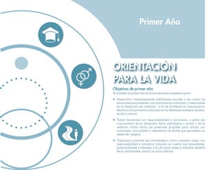 Primer Año




ORIENTACIÓN
PARA LA VIDA
Objetivos de �rimer año
Al finalizar el primer año el alumnado será competente para:

  Desarrollar conscientemente habilidades sociales y de control de
  emociones que posibiliten una participación autónoma y responsable
  en la resolución de conflictos a fin de fortalecer la comunicación
  efectiva y la convivencia armónica en los diferentes contextos: familiar,
  social y cultural.

  Tomar decisiones con responsabilidad y autonomía, a partir del
  conocimiento de su dimensión física, psicológica y social; y de la
  reflexión crítica hacia las presiones grupales para actuar con
  autonomía, autocuidado y respetando los límites que garantizan su
  desarrollo integral.

  Organizar y priorizar sus actividades a corto y mediano plazo, con
  responsabilidad e iniciativa, tomando en cuenta sus necesidades,
  potencialidades e intereses, a fin de lograr metas y enfrentar desafíos
  de su vida familiar, social y su futuro laboral.
 