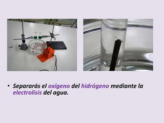 • Separarás el oxígeno del hidrógeno mediante la
electrolisis del agua.
 