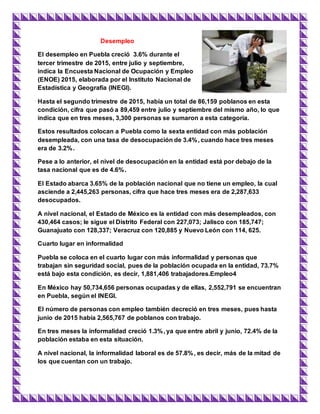 Desempleo
El desempleo en Puebla creció 3.6% durante el
tercer trimestre de 2015, entre julio y septiembre,
indica la Encuesta Nacional de Ocupación y Empleo
(ENOE) 2015, elaborada por el Instituto Nacional de
Estadística y Geografía (INEGI).
Hasta el segundo trimestre de 2015, había un total de 86,159 poblanos en esta
condición, cifra que pasó a 89,459 entre julio y septiembre del mismo año, lo que
indica que en tres meses, 3,300 personas se sumaron a esta categoría.
Estos resultados colocan a Puebla como la sexta entidad con más población
desempleada, con una tasa de desocupación de 3.4%, cuando hace tres meses
era de 3.2%.
Pese a lo anterior, el nivel de desocupación en la entidad está por debajo de la
tasa nacional que es de 4.6%.
El Estado abarca 3.65% de la población nacional que no tiene un empleo, la cual
asciende a 2,445,263 personas, cifra que hace tres meses era de 2,287,633
desocupados.
A nivel nacional, el Estado de México es la entidad con más desempleados, con
430,464 casos; le sigue el Distrito Federal con 227,073; Jalisco con 185,747;
Guanajuato con 128,337; Veracruz con 120,885 y Nuevo León con 114, 625.
Cuarto lugar en informalidad
Puebla se coloca en el cuarto lugar con más informalidad y personas que
trabajan sin seguridad social, pues de la población ocupada en la entidad, 73.7%
está bajo esta condición, es decir, 1,881,406 trabajadores.Empleo4
En México hay 50,734,656 personas ocupadas y de ellas, 2,552,791 se encuentran
en Puebla, según el INEGI.
El número de personas con empleo también decreció en tres meses, pues hasta
junio de 2015 había 2,565,767 de poblanos con trabajo.
En tres meses la informalidad creció 1.3%, ya que entre abril y junio, 72.4% de la
población estaba en esta situación.
A nivel nacional, la informalidad laboral es de 57.8%, es decir, más de la mitad de
los que cuentan con un trabajo.
 